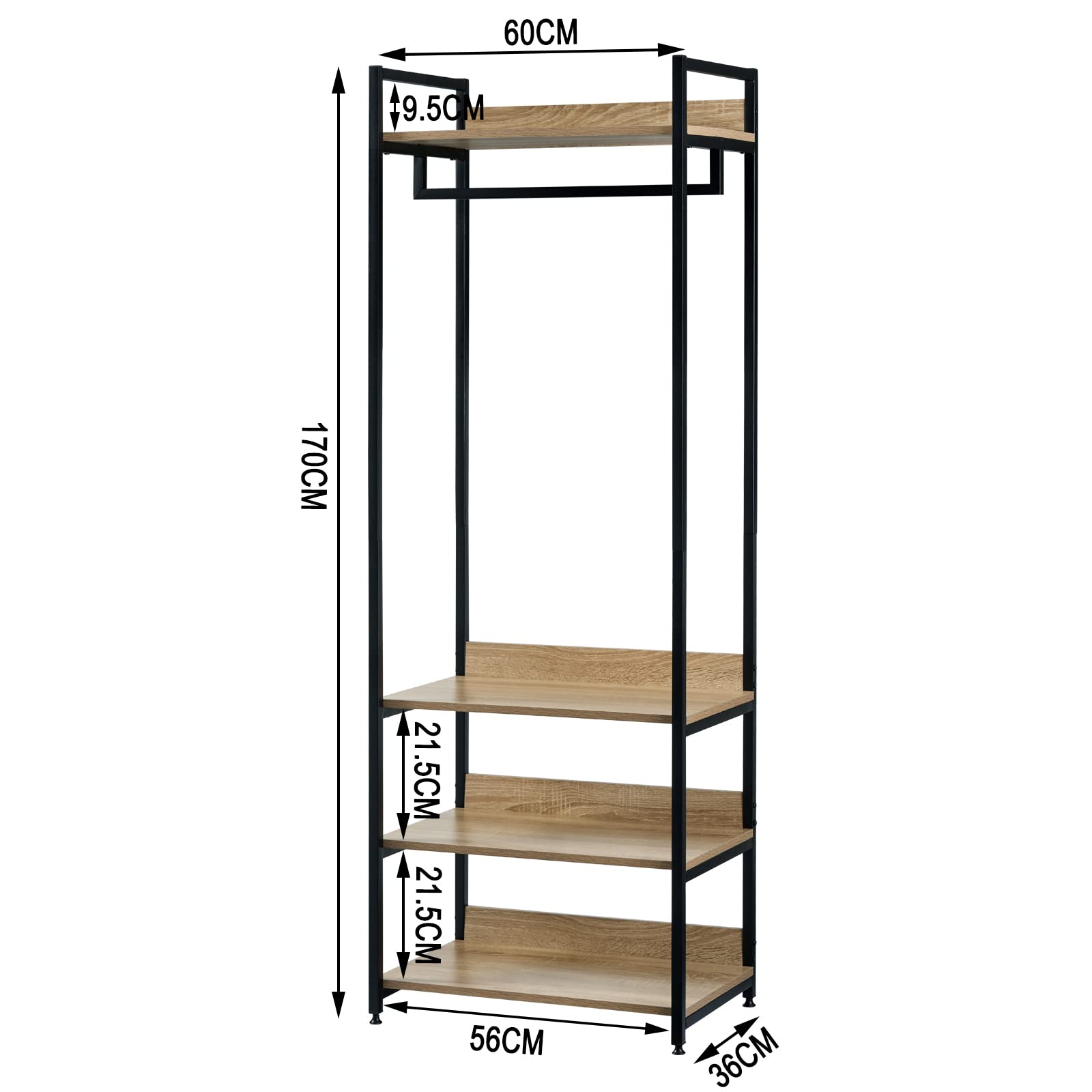 WOLTU Porte-Manteau Meuble pour Vêtements avec un Tringle et 4 Étagères de Rangement en Bois et Acier, Penderie Ouverte pour Salon, Chambre Chêne clair + Noir