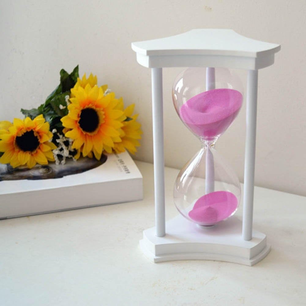Superclub Elegant Hand-Blown Triangle Prism 60 minutes 1 Hour Sand Timer Hourglass in White Wood-finished Stand for Xmas Birthdays Gift (Rosy)