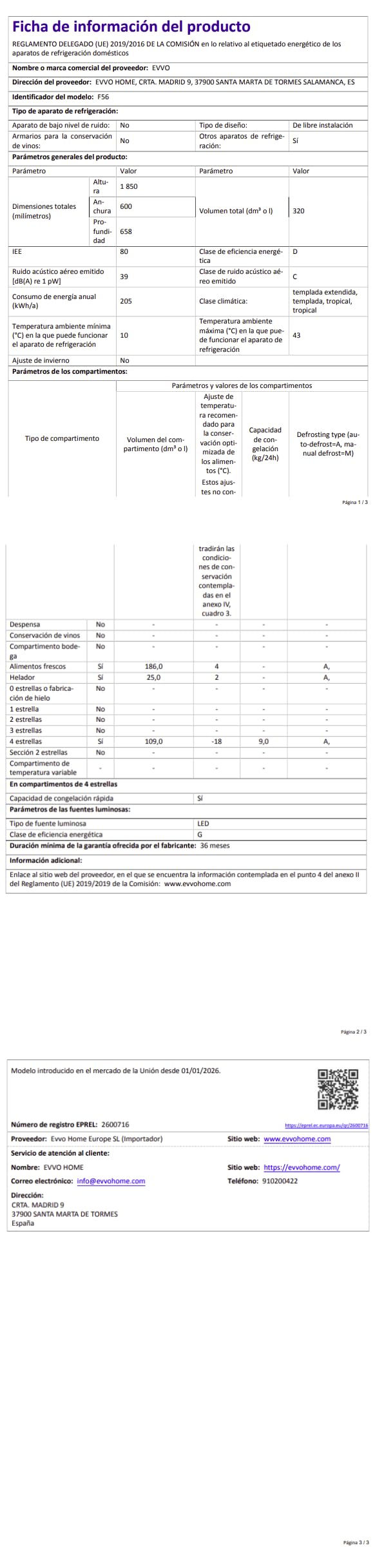 EVVO Frigorífico Combi F56 - Frigorífico Combi No Frost 320L, Motor Inverter, Clase Energética D, Nevera Combi con Congelador 109L, Iluminación LED