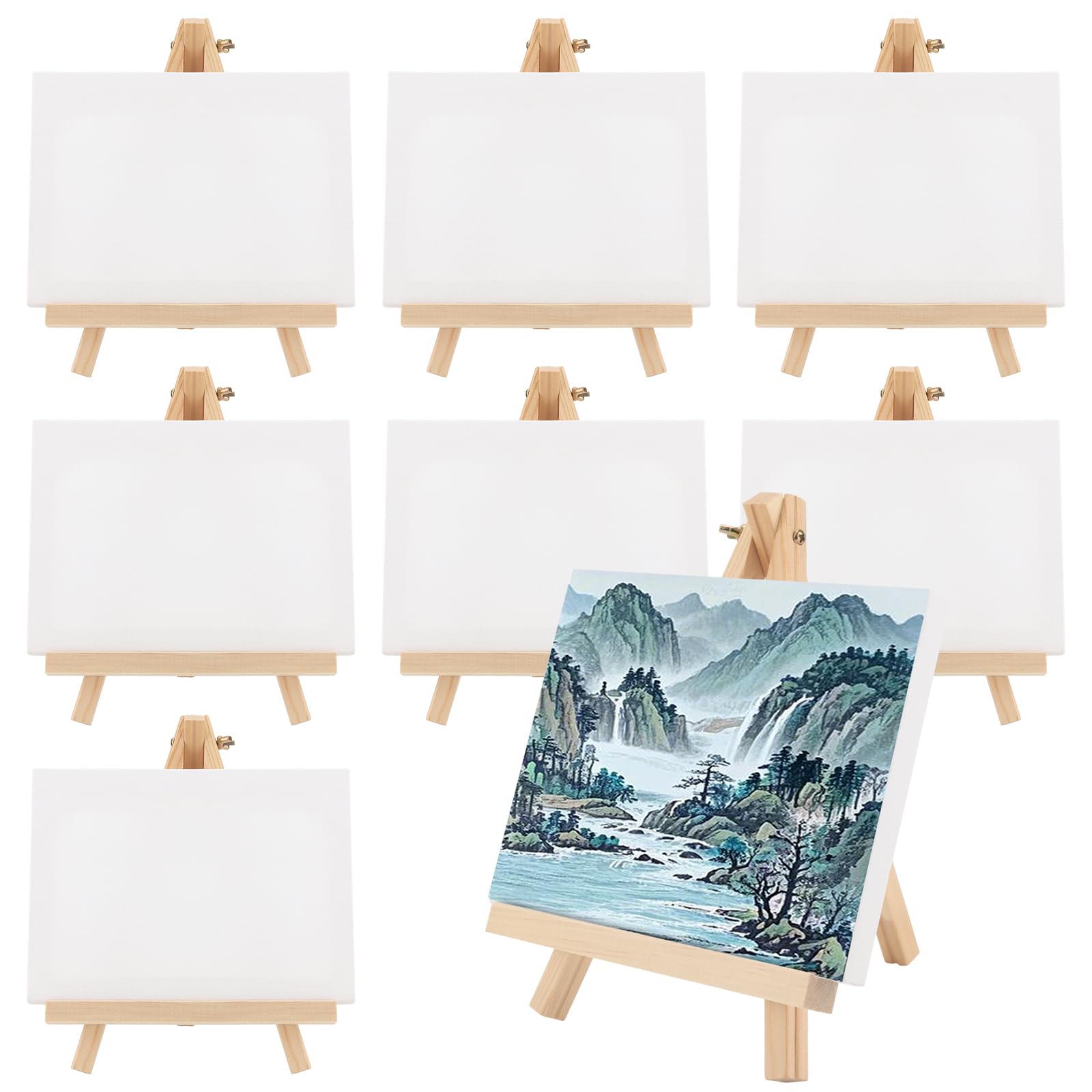 8 Sets Mini-Leinwand und Staffelei, 15 x 20 cm, kleine Kunstleinwand mit 18 x 24 cm Holzstaffeleien, Tisch-Display-Staffelei, gespannte leere Leinwand zum Zeichnen, Malen, Hochzeitsdekoration