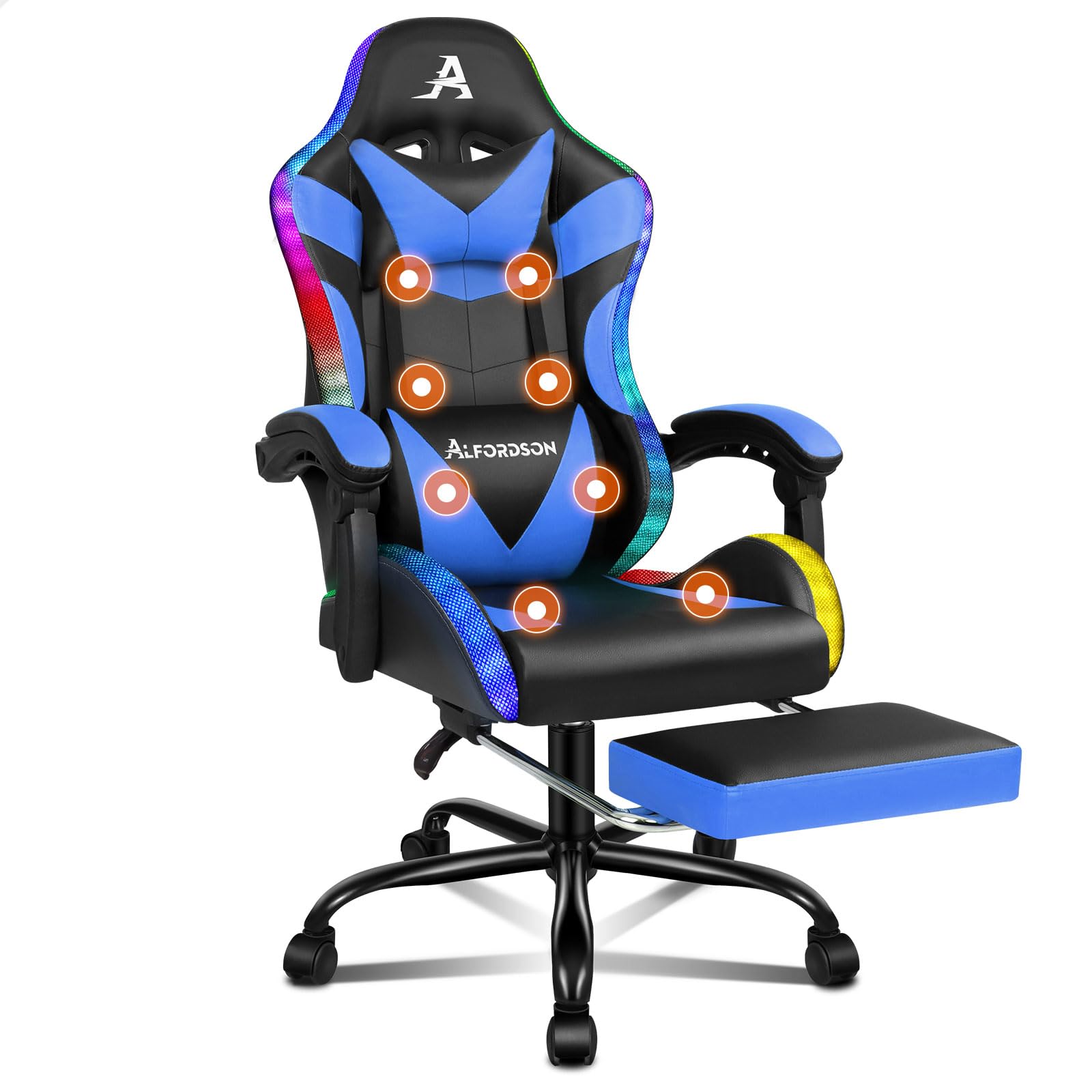 Silla de oficina para gaming, silla ergonómica para gamer, con reposapiés, reposacabezas y cojín lumbar de masaje, silla giratoria, capacidad de carga de 180 kg, color azul