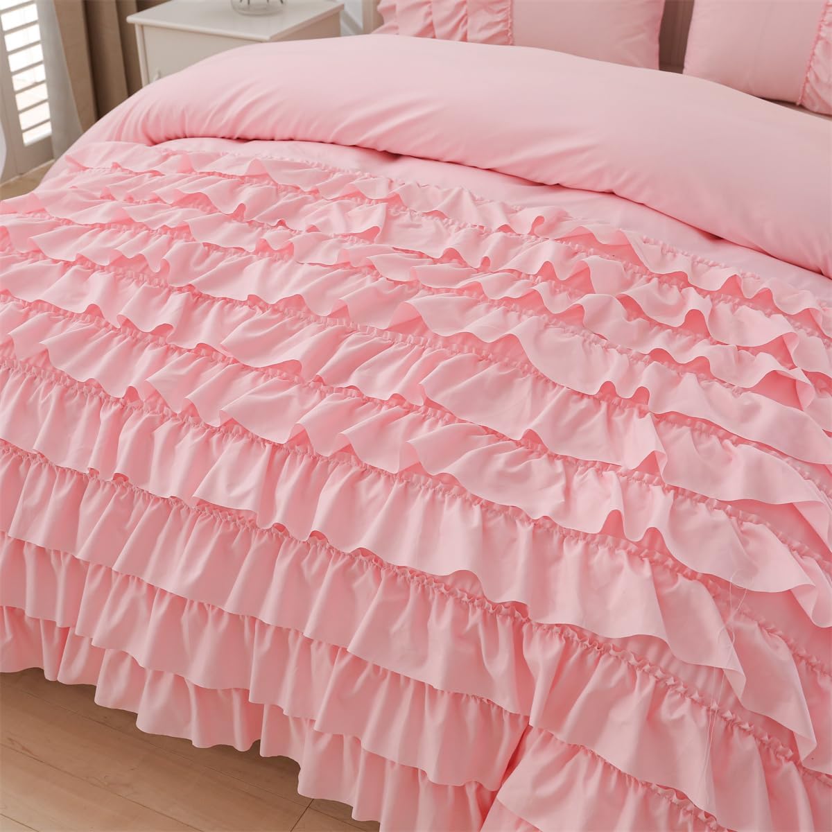 Holawakaka Pink Waterfall Ruffle Comforter Set Full Size Multi-Layers Ruffled Shabby Chic 3PCS Bedding Set for Girls Women - Image 5