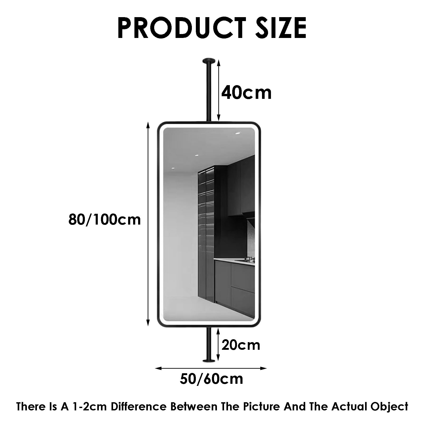 Lustro wiszące sufitowe z oświetleniem LED, duże lustro dekoracyjne do łazienki (złote, 50x100 cm)