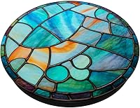 Vista 2 de Vitral redondo azul verde naranja patrón PopSockets intercambiable PopGrip