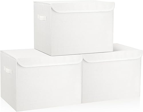 Miniatura 38 de Contenedores de Almacenamiento Plegables Apilables Grandes de 17" 42 Cuartos con Tapas [Paquete de 3] Cajas de Almacenamiento de Tela de Lino Beige