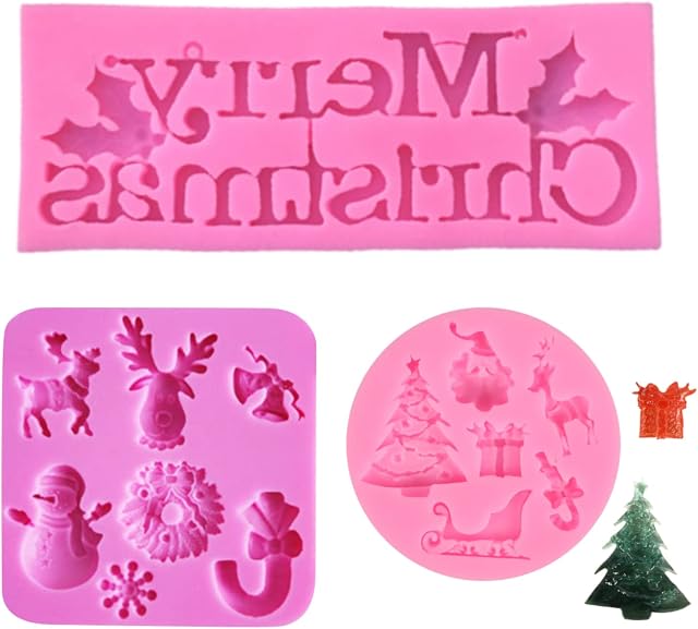 Christmas Chocolate Moulds Silicone Christmas Theme Fondant molds Merry Christmas Letter Christmas Tree Snowflake Baking Cake Candy Mould for Xmas Party Cake Pudding Jelly DIY 3PCS