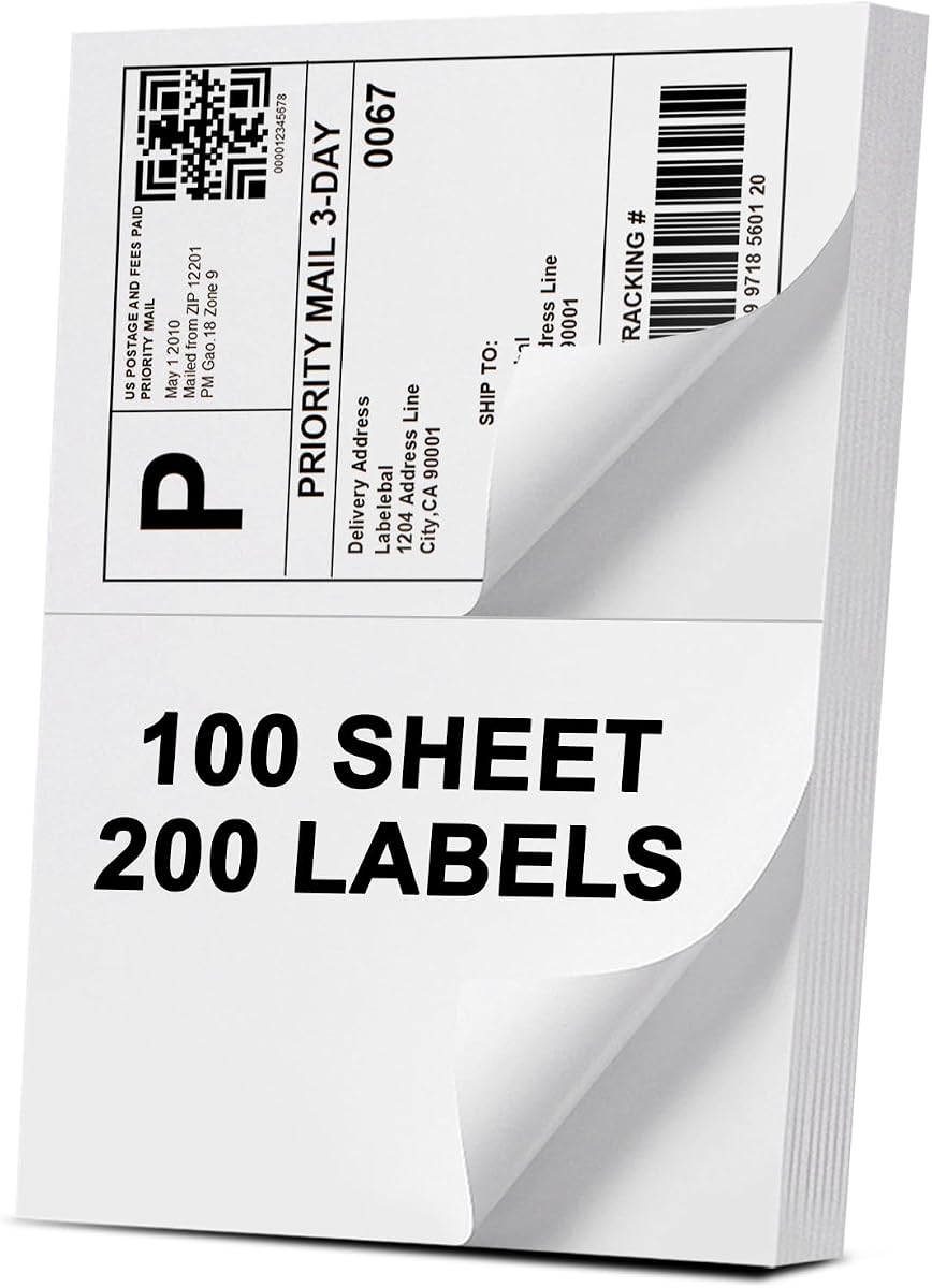 Etiquetas de dirección, 2 pegatinas de envío UP para impresoras láser y de inyección de tinta, etiquetas de envío de 8,5" x 5,5", 2 etiquetas de envío por página, etiquetas de media hoja de 5 1/2 x 8 1/2, 200 etiquetas