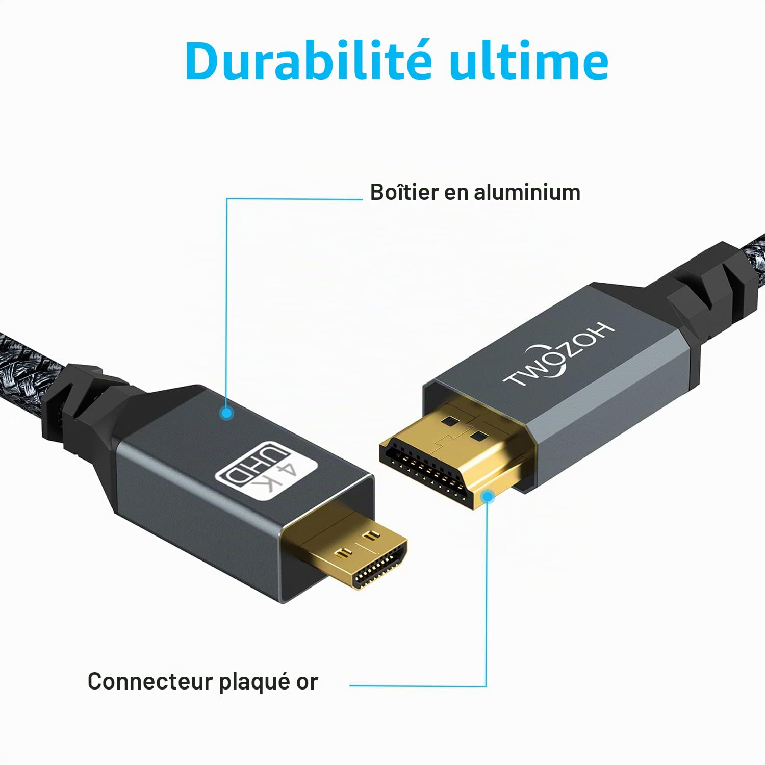Twozoh Câble Micro HDMI vers HDMI 5M, Nylon tressé Câble HDMI A vers Micro HDMI D, Supporte 3D 4K/60Hz 2.0 1080p