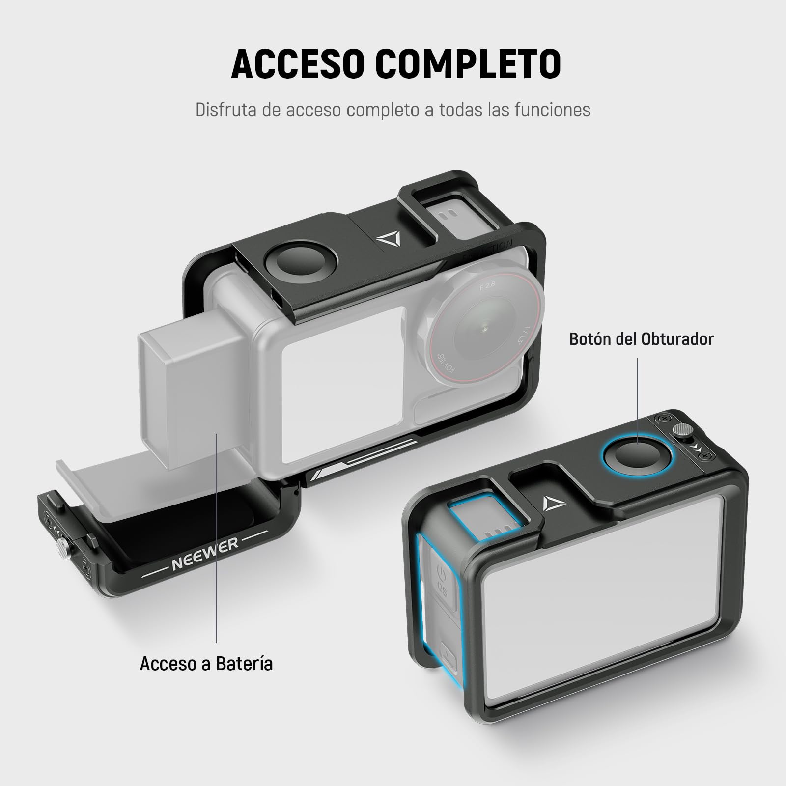 NEEWER Kit de accesorios de jaula y mango lateral compatible con cámara DJI Osmo Action 5 Pro / 4/3, soporte magnético de metal protector para video, barra extensora de obturador de zapata fría, negro
