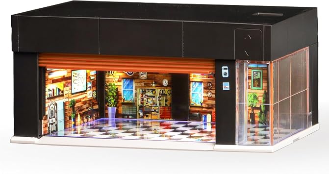 1/64 Scale Diecast Display Case for Hot Wheel Storage with LED Lights, Stackable Electric Garage with Voice Control, 3 Replaceable 3D Scenes Parking Lot Diorama for Model Cars Brown