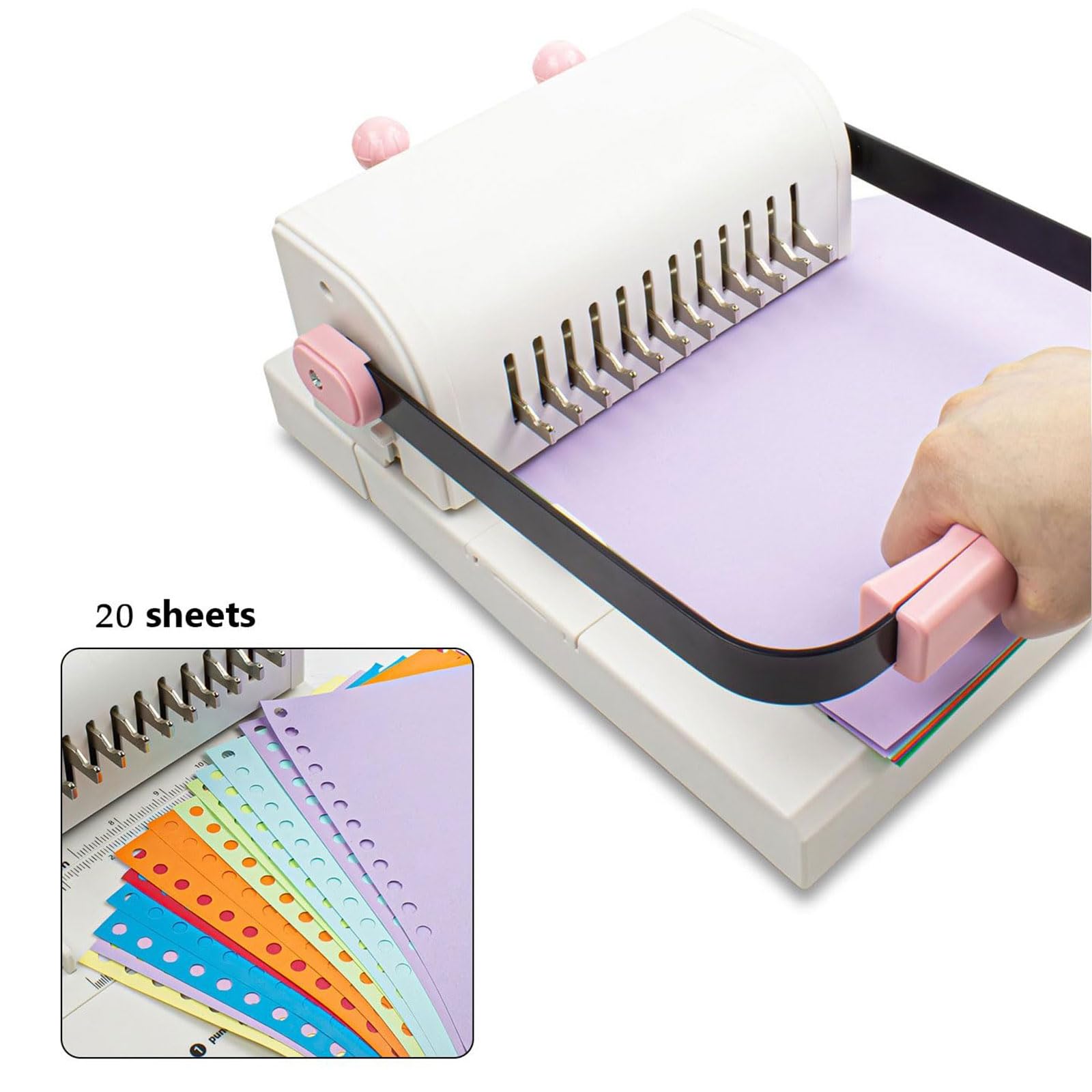 Bindownica Cinch Z 12 Otworami, Segregator Spiralny | Dziurkacz do Bindowania z Przedłużoną Linijką i Regulacją Nacisku, Pojemność 20 Arkuszy, do Notesów i Kart DIY(white)