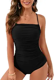 Maiô feminino franzido com controle de barriga, frente única, costas cruzadas