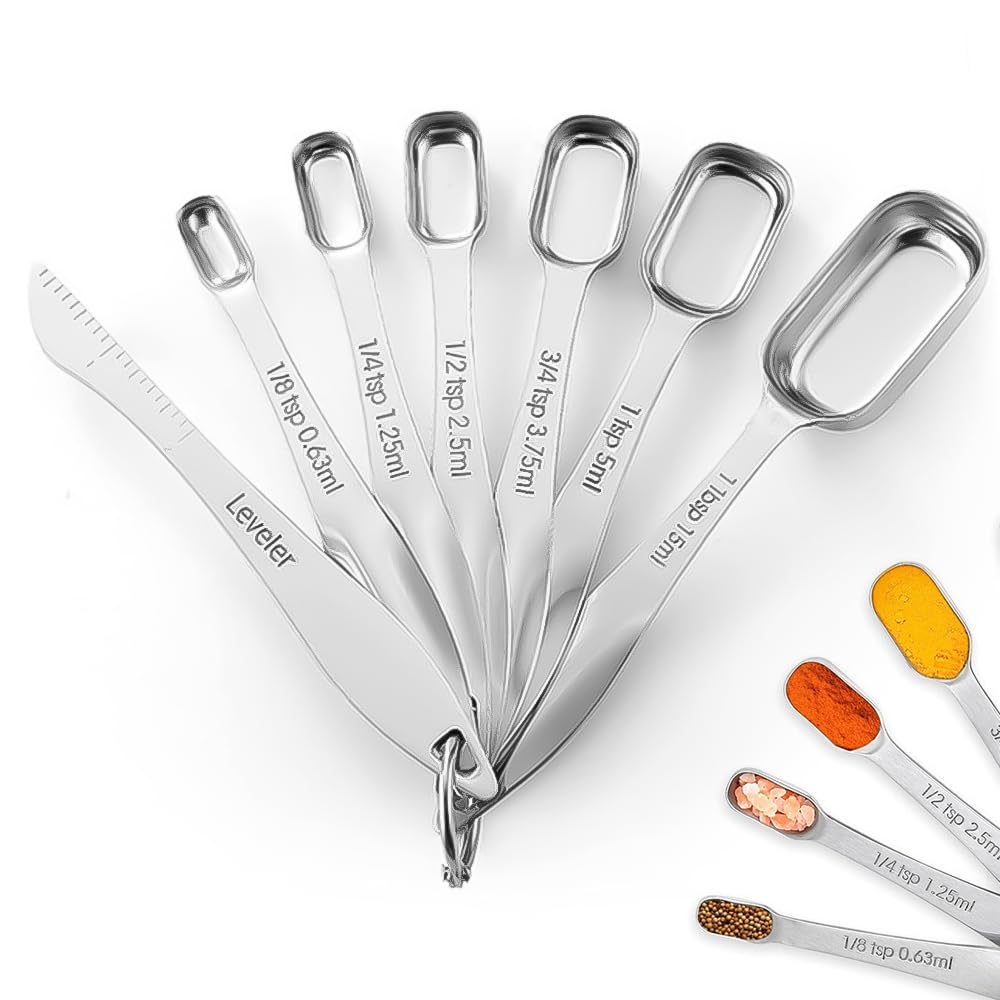 7Pcs Flat Stainless Steel Magnetic Measuring Spoons Set with Leveler, Dual Ended Spoon Measure for Dry & Liquid Ingredients, Precise Kitchen Measuring Spoons for Baking, Cooking & Spices