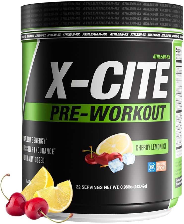 X-CITE Pre-Workout by ATHLEAN-X - Enhanced Formula with Beta-Alanine, Creatine & Caffeine for Ultimate Energy, Endurance, Focus & Muscle Pump, NSF Certified for Sports (22 Servings, Cherry Lemon Ice)