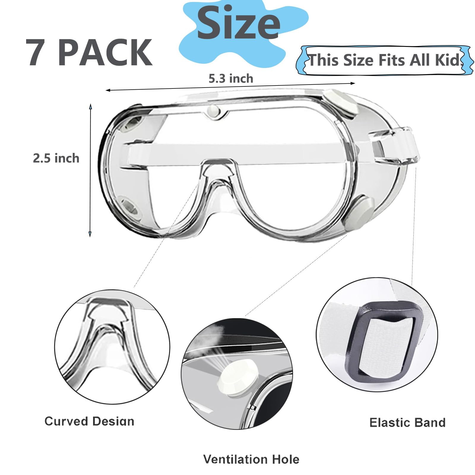 Occhiali di sicurezza per bambini, lenti in policarbonato leggero e montatura in PVC, unisex, 7 pezzi