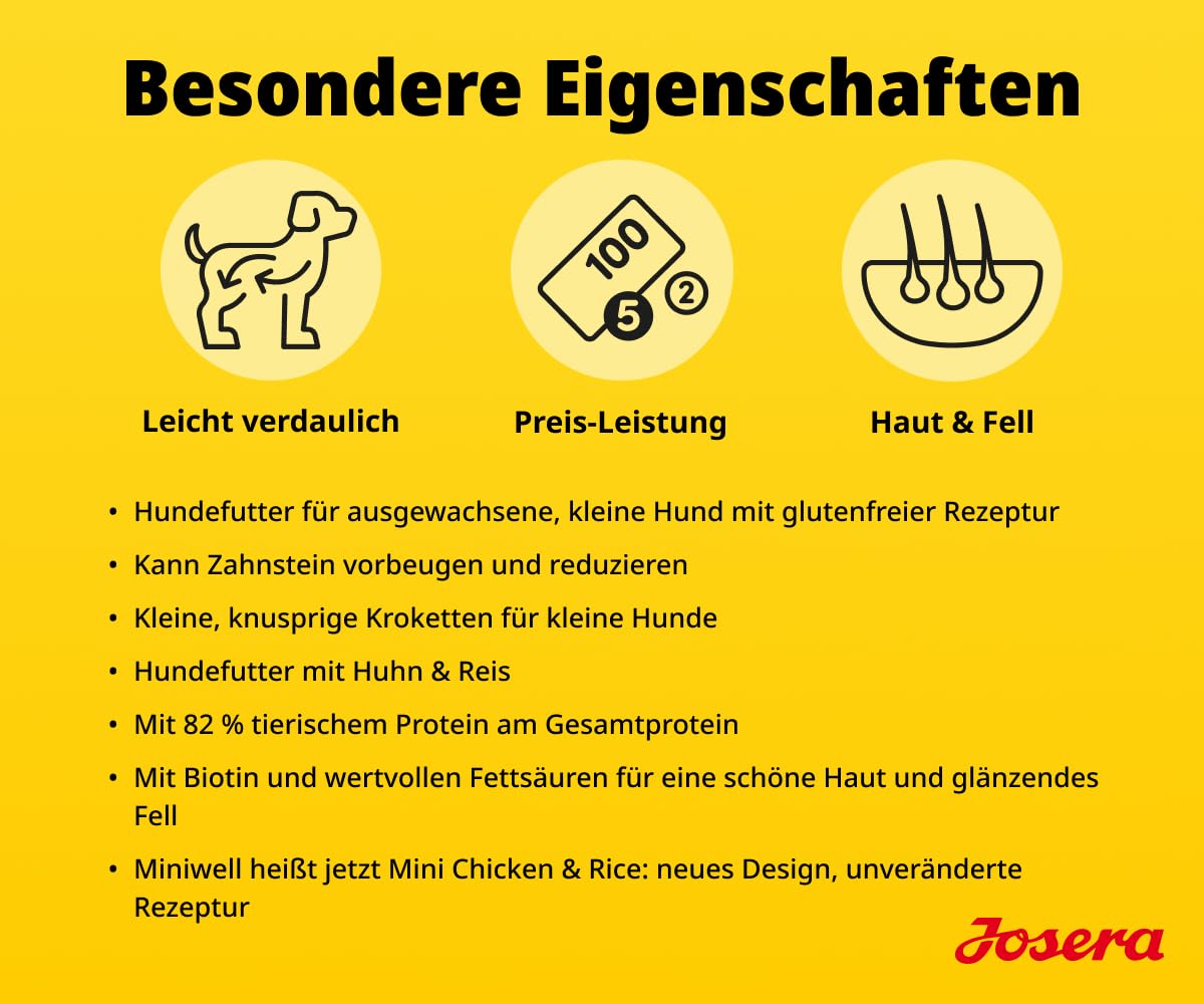 JOSERA Mini Huhn & Reis (1 x 10 kg) | Adult | Premium Trockenfutter für ausgewachsene Hunde Kleiner Rassen | mit Biotin für Haut & Fell | kleine Kroketten | extraverträglich | gluternfrei | 1er Pack