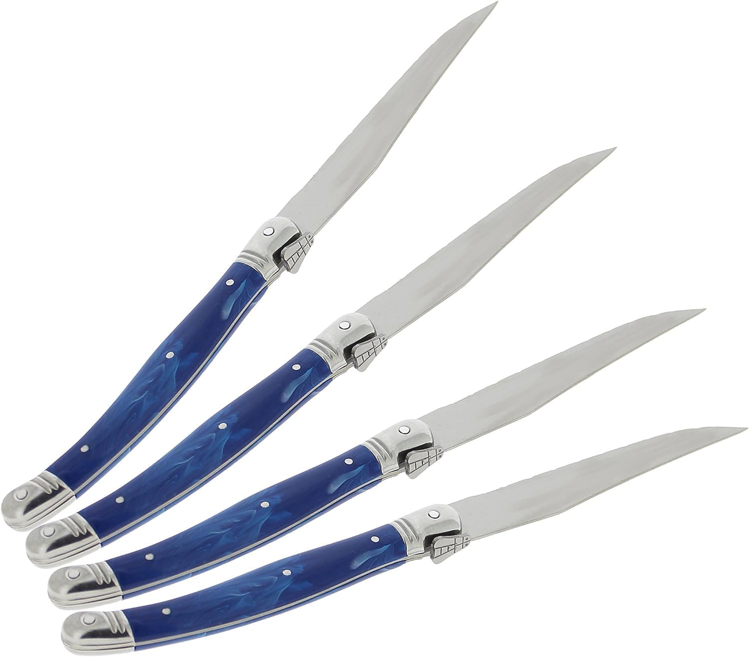 French Home Laguiole 4-Piece Steak Knife Set – Sophisticated Stainless Steel Dinner Knives with Blue Marble Handles & Iconic Bee Emblem – Serrated Knives for Smooth Cutting (9.25")