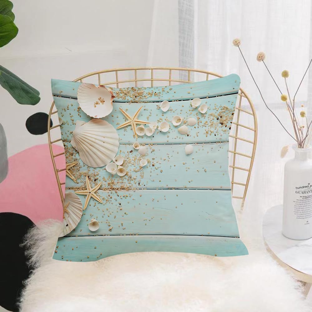 HYMSXW Cushion Cover,Throw Pillow Case Home Decorative for Living Room Bedroom Sofa Chair 20X20 Inch,l souvenirs, shells and starfish scattered on the surface of blue wooden boards,Pillowcase 50X50cm