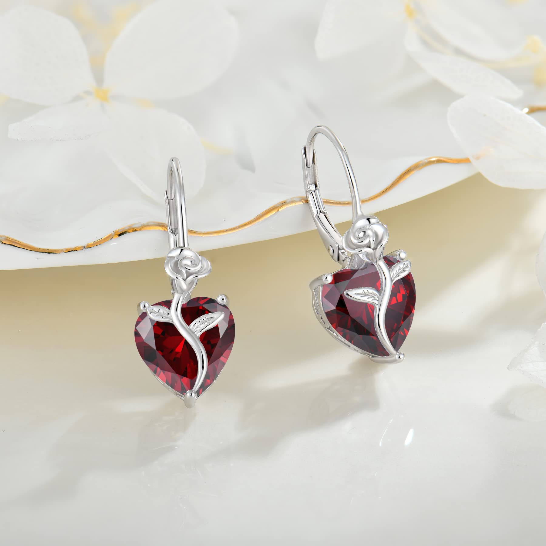 FJ Orecchini Pendenti Donna in Argento Sterling 925 Orecchini Pietre Portafortuna Orecchini di Fiori di Rosa Gioielli per Donna Amiche Moglie Mamma