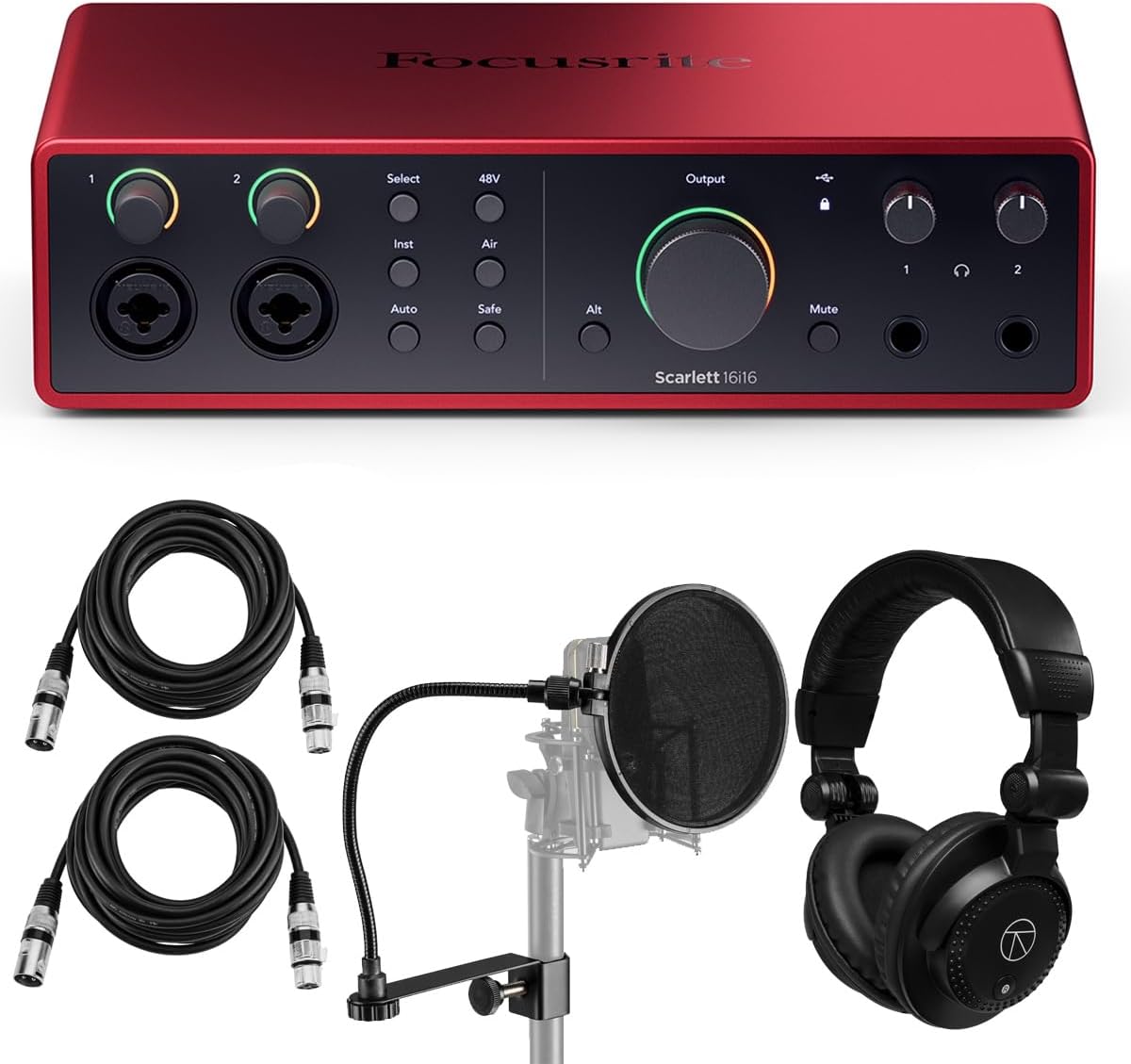 Scarlett 16i16 4th Gen USB Audio Interface with Software Suite, Bndle With Turnstile Audio Headphones, Pop Filter, 2x XLR M to F Cable 10'