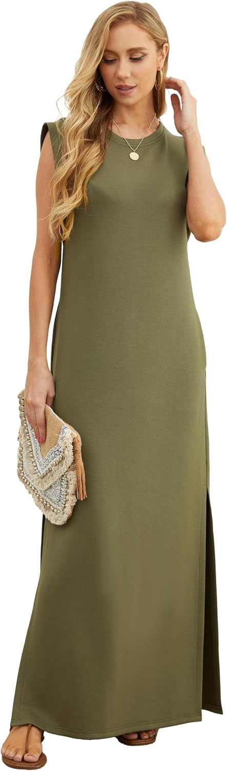 HiMONE Womens Petite Maxi Dress Round Neck Loose Split Wrinkle Free Pockets image 4
