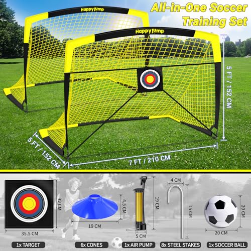 Happy Jump Pop-Up Fußballtore – 213x152 cm, 2 Tore, Schwarz Gelb mit Ball, Pumpe, Hütchen & Zielscheibe | Komplettes Training-Set für Garten & Familie