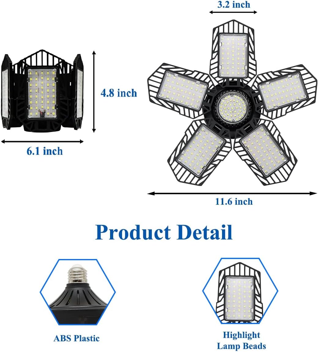 E-POWIND 4 Pack 180W Deformable E26/E27 Screw-in 18000LM 6500K Led Garage Light, Super Bright 5 Adjustable Panels Garage Light, Led Lights for Garage