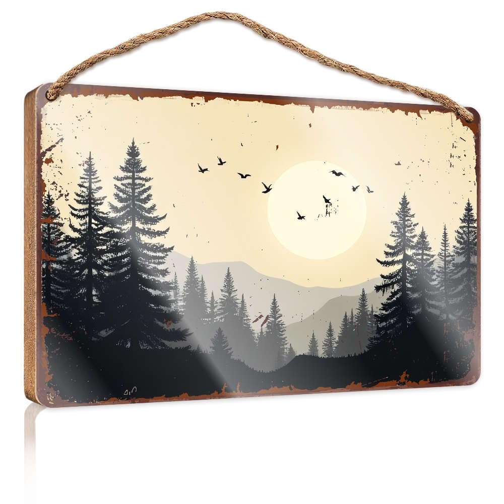 Bathroom Hanging Decor Forest Landscape With Trees And Birds Flying. Camper Decor Fall Porch Decor(23X35CM)