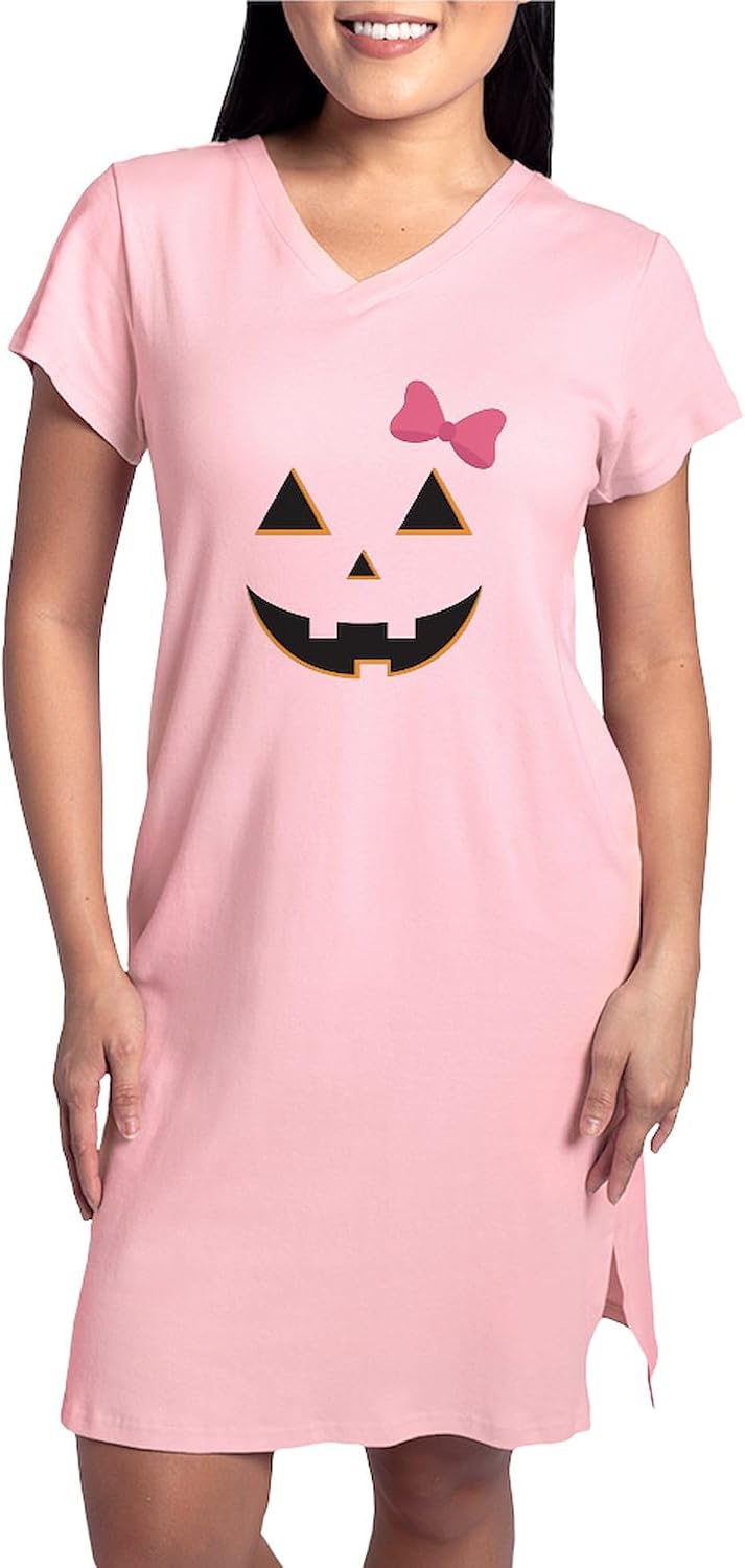 CafePress Pumpkin Face Pink Bow Women's Nightshirt, Soft Long Pajama Shirt, Cotton PJs/Pyjamas