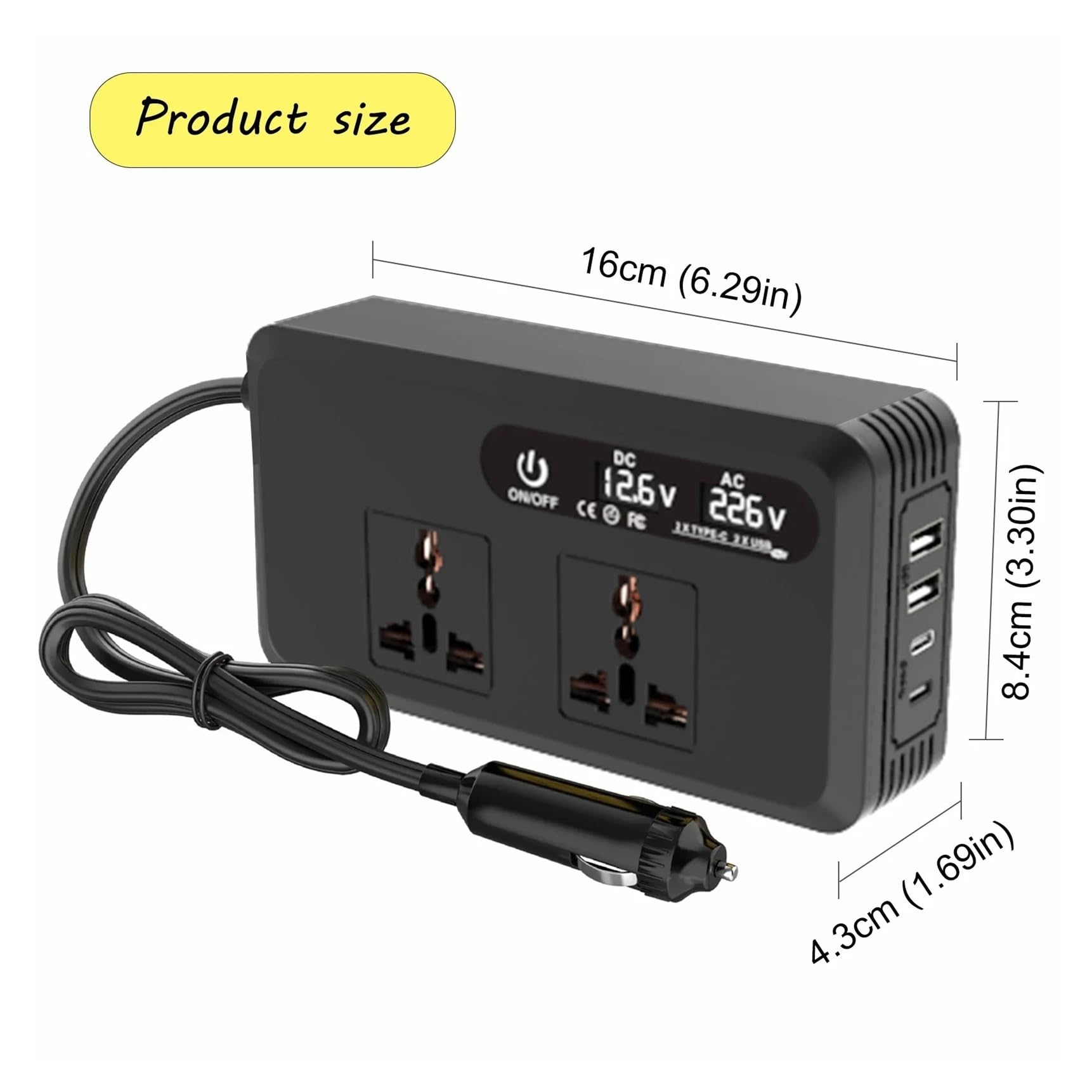 Convertidor Adaptador Transformador Voltaje USB Montado Inversor Coche Portátil Potencia 200W CC 12V A110V/220V Clip Batería Conversión inversor
