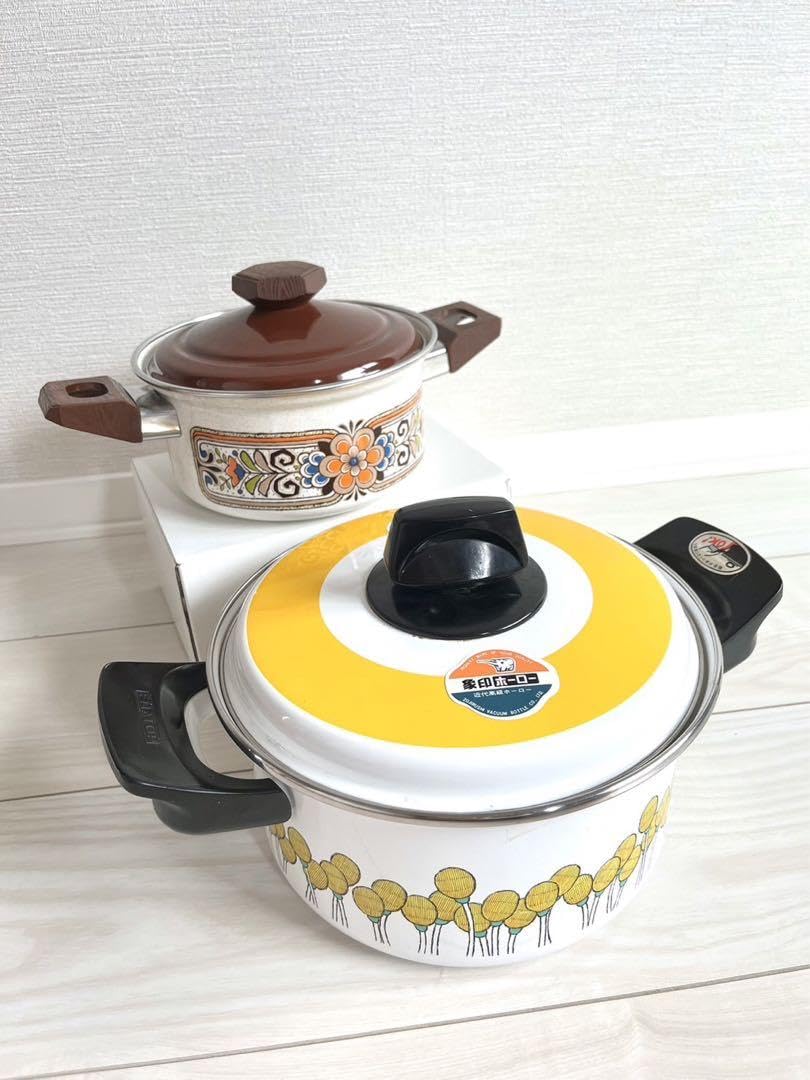 Amazon.co.jp: 昭和レトロ ホーロー 鍋 おでん鍋 3点セット 花柄 黄色