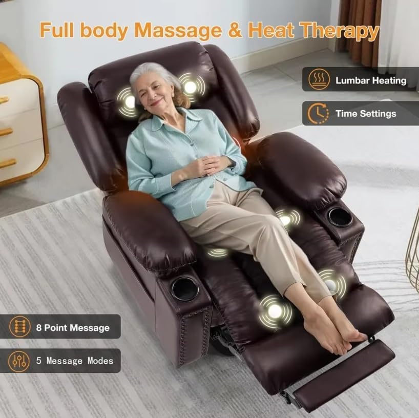Recliner Sofa Power Lift Chair PU Leather Adjustable Lay Flat Heat Massage for Adults Elderly Living Room