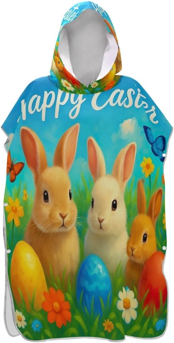Joisal Surf Poncho Changing Robe for Adults Hooded Beach Towel Print Reusable Cute Rabbits Flower Easter Men Women Poncho with Hood