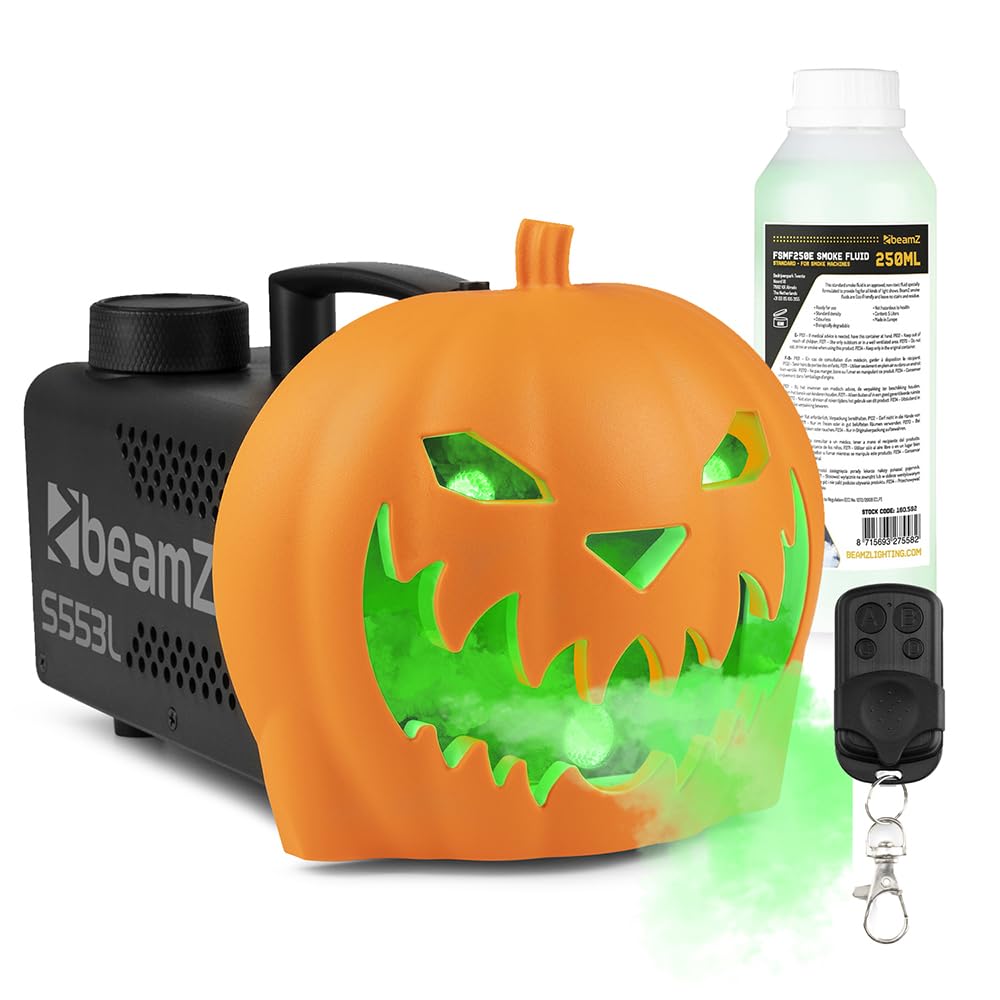 Beamz Green S553l Halloween Smoke Machine, Pumpkin Fogger With 500Ml Fluid, Rgb Leds, Creepy Pumpkin Decorations, Balloon, Ideal For House Parties And Spooky Halloween Decorations