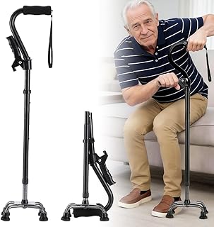Gehhilfe für Senioren, Gehstock Damen Herren mit 4-Zinken-Basis, Doppelgriff Verstellbarer Klappbar Gehstock, Leicht Standfester Ergonomischem Weicher Griff
