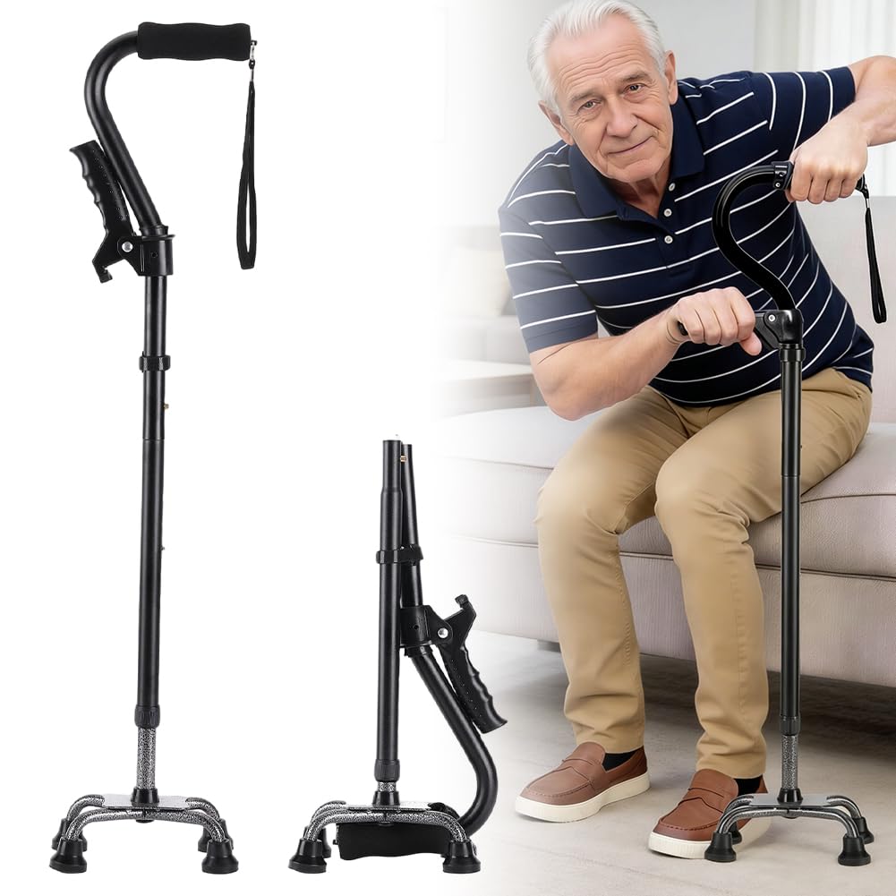 Camminatore per anziani, bastone da passeggio da donna e uomo con base a 4 punte, doppio manico regolabile, bastone da passeggio pieghevole, facile da stabile e ergonomico