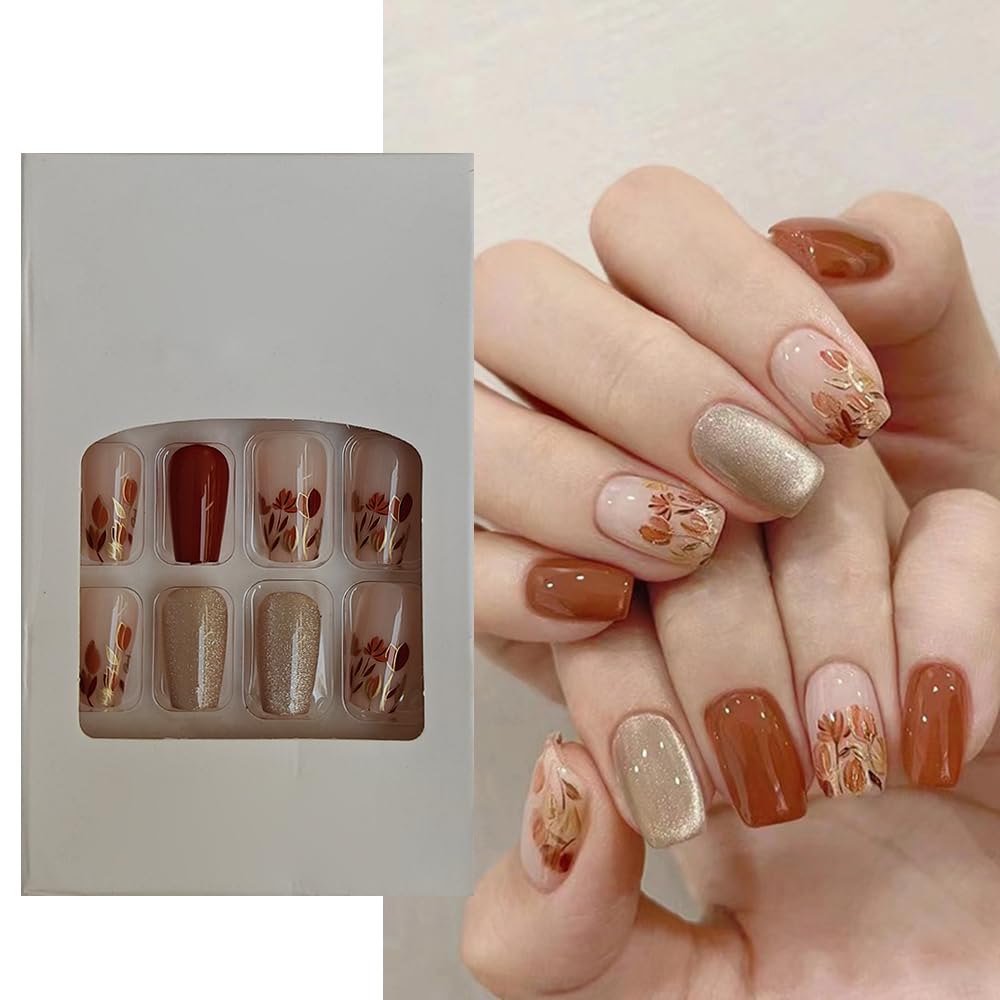 S.A.V.I 24 Pcs Medium Coffin Shape Press-On Nails | Elegant Golden Glitter, Maroon, Nude | Tulip Floral & Cat's Eye Design | Natural, Comfortable False Nails for Women | DIY Kit-image-45