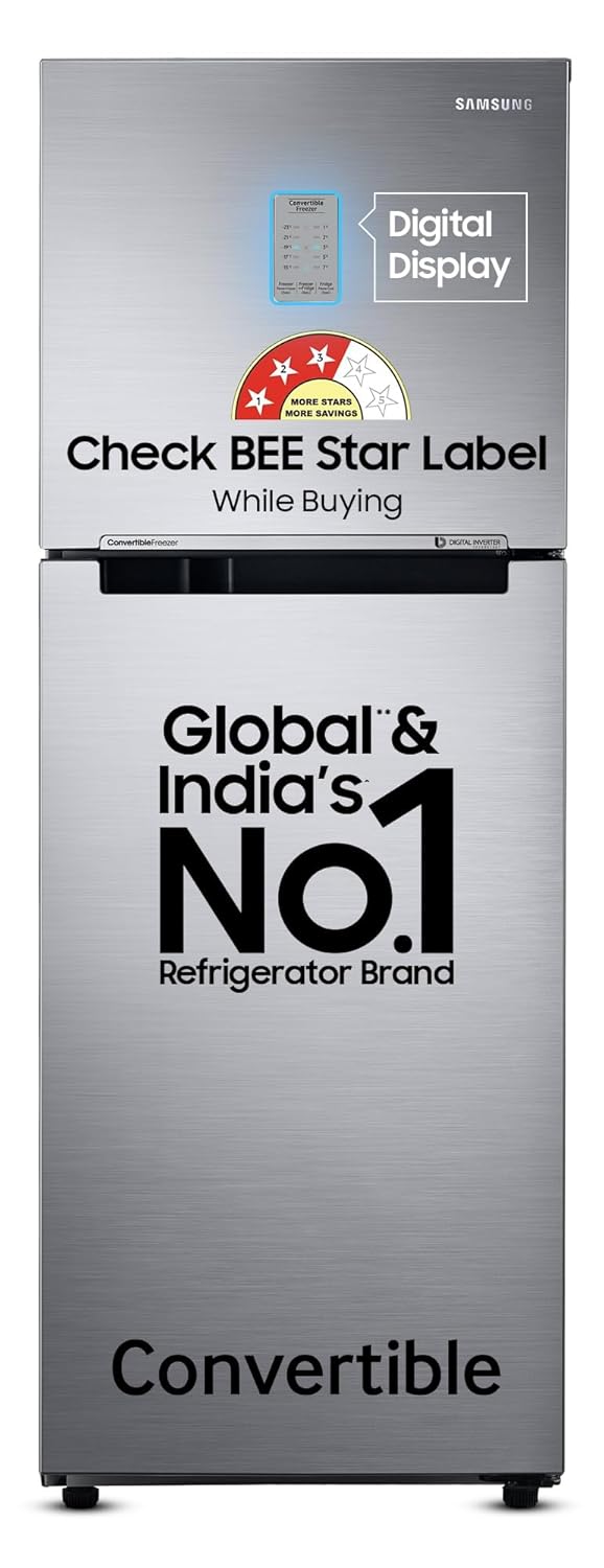Samsung 236 L, 3 Star, Convertible, Digital Inverter with Display Frost Free Double Door Refrigerator (RT28C3733S8/HL, Silver, Elegant Inox)