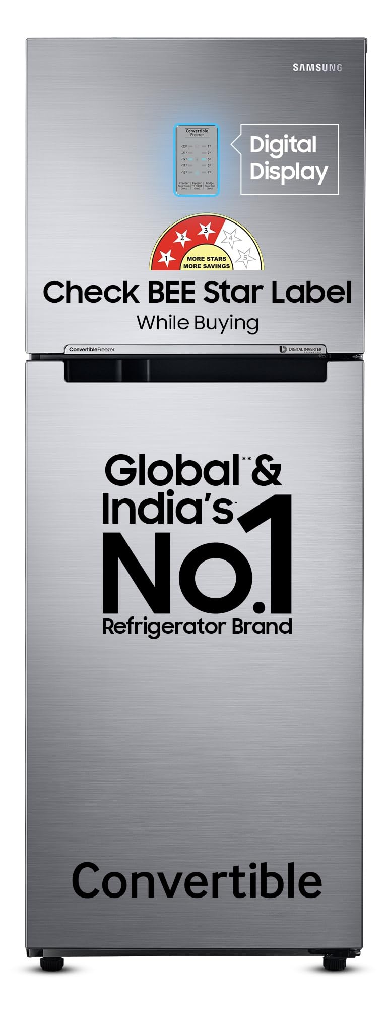 Samsung 236 L, 3 Star, Convertible, Digital Inverter with Display Frost Free Double Door Refrigerator (RT28C3733S8/HL, Silver, Elegant Inox)