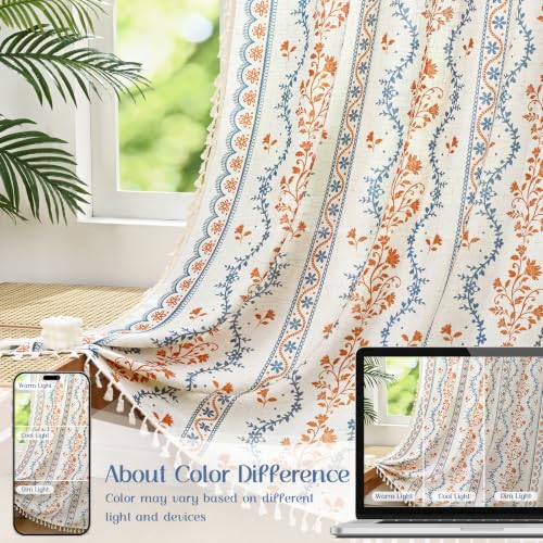 Image of Yinhua Boho Curtains for Living Room 84 Inch Length Vintage Linen Curtains for Bedroom Light Filtering Window Curtain Rod Pocket & Back Tabs Rustic Tassel Drapes with Tiebacks, Blue Orange Floral