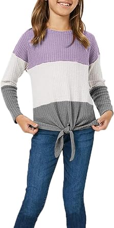Girls Waffle Colorblock Tie Top Long Sleeve Casua T Shirt Knit Tunic