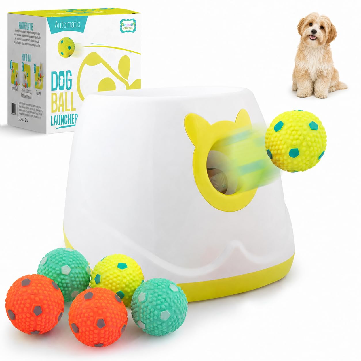 Lanzador automático de bolas para perros pequeños y medianos, 6 bolas, 4 distancias