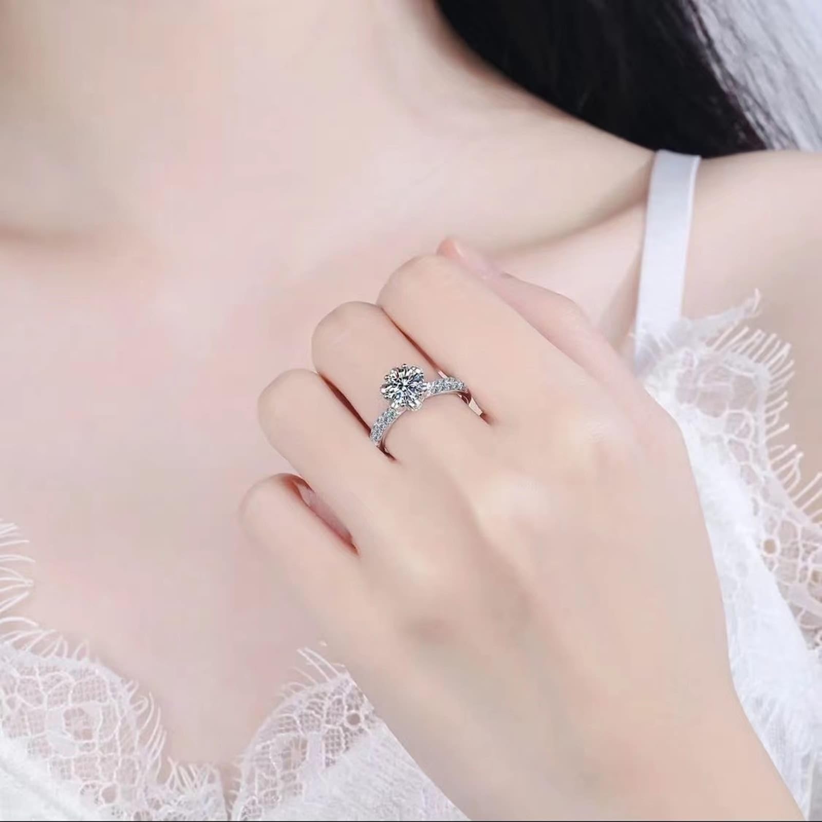 18 Karat Weißgold Ring Frauen Labordiamant Weiß, Verlobungsringe Eleganter Runder Labordiamant mit 6 Krappen
