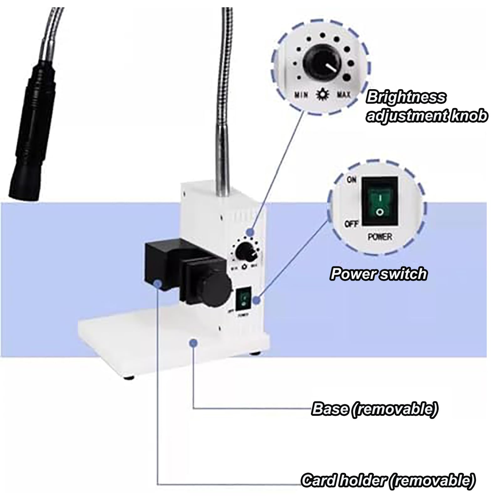 Iluminador de microscopio de fibra óptica de 20 W con luces de cuello de cisne duales, brillo ajustable y tamaño de apertura, ideal para reparación de PCB y trabajos de precisión