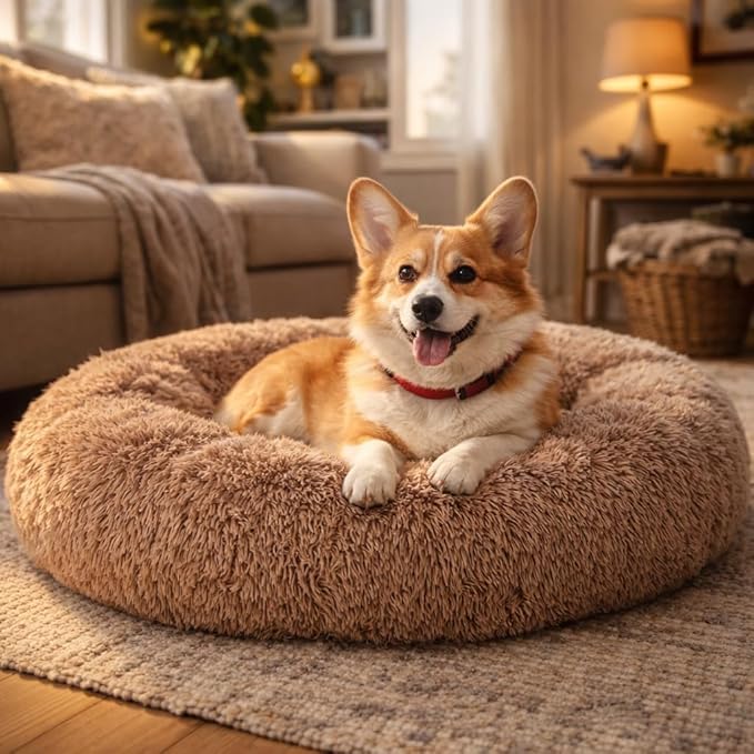 Image of ZEXSAZONE Summer Round Donut Pet Bed for Medium Dog and Large Dogs, Cozy and Plush, Raised Bedside Support, Both Sides Use Like 2 in One, Washable, Sizes for Small, Medium, and Large Pets.