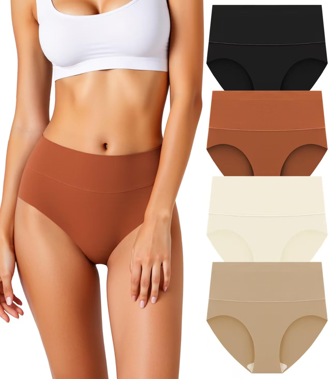 Womens Seamless Underwear High Waisted Tummy Control No Show Panties Full Coverage Stretch Briefs 4 Pack