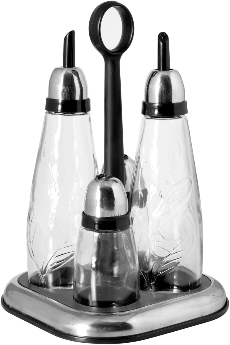 Home Glass Cruet 4 Pieces with Stand Chrome Kitchen Utensils