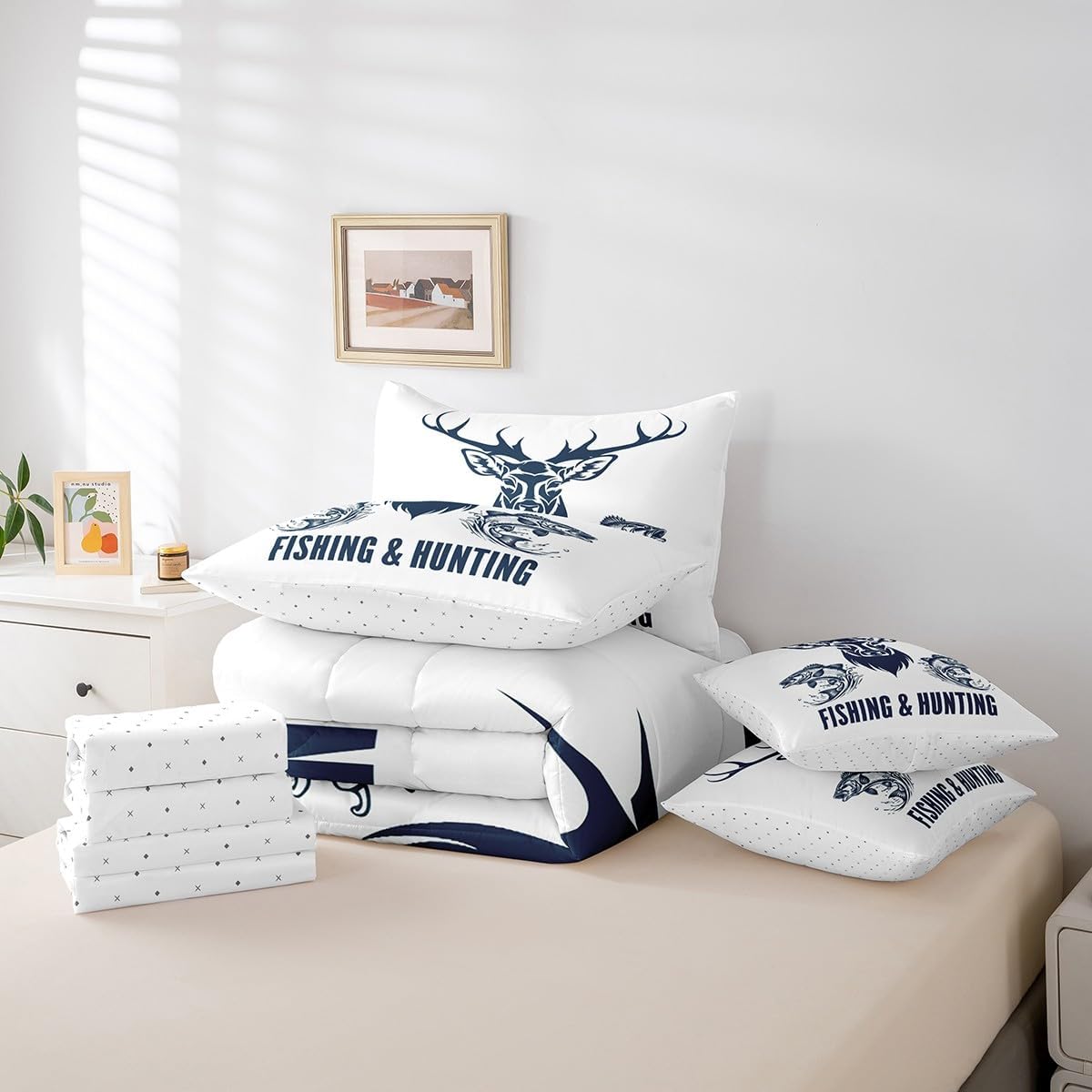 Feelyou Hunting and Fishing Comforter Set Queen Size 7 Pieces for Boys Girls Kids Cabin Farmhouse Bedding Set All Season Deer Fish Bed in a Bag with Comforter, Sheets, Pillowcases & Cushion Cover Soft