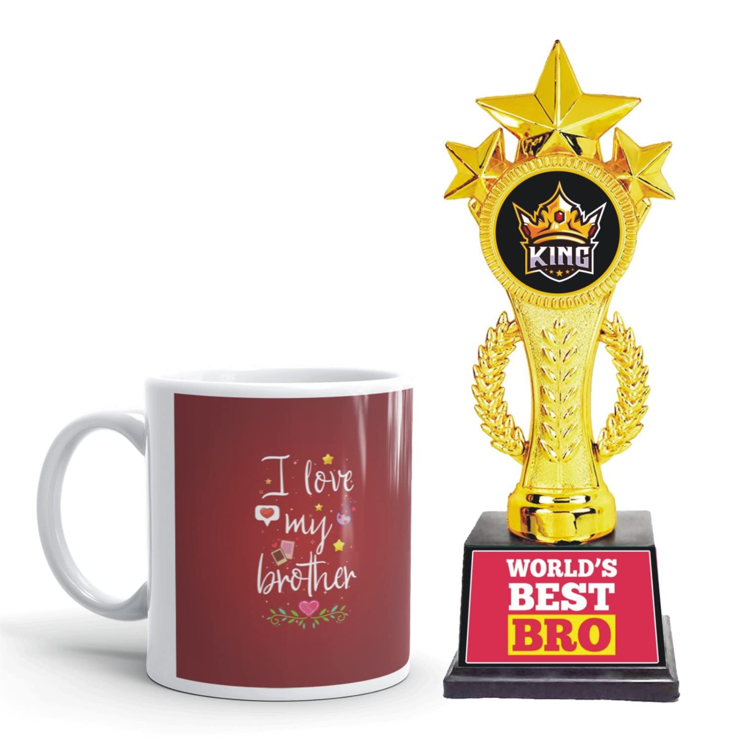 Gifts Bucket Gifts for Brother I Love My Brother Coffee Mug with Star Award Trophy Set of 2 for Brother Bhai Kids Young Little Bro
