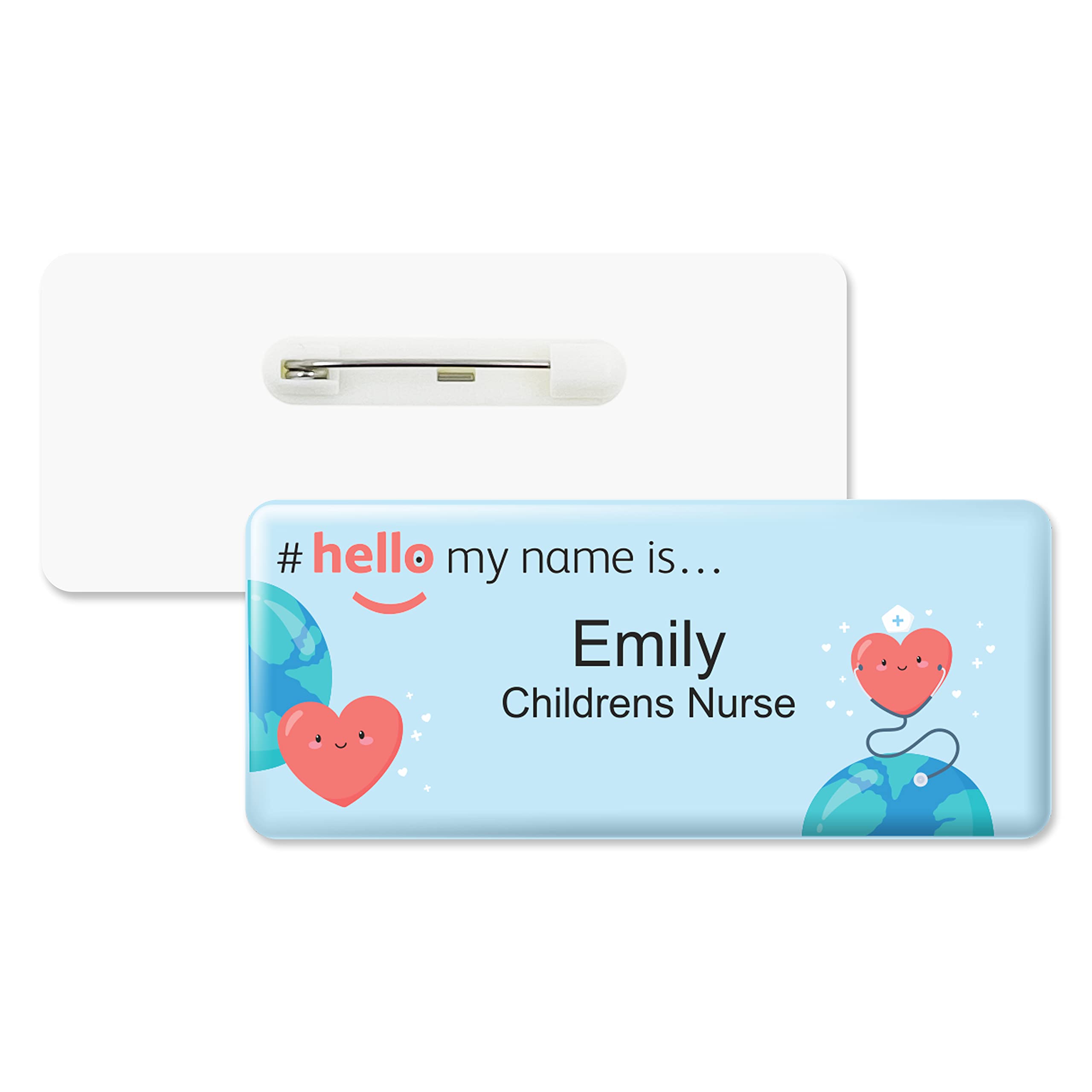 Badgemaster Hello My Name is Logo Earth and Heart Badge Premium Domed White White 76 x 32mm Doctor Student Nurse Clinical Practitioner Healthcare Assistant Medical Staff GP